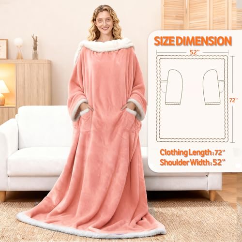 Wearable Heated Blanket With Sleeves & Foot Pocket, Heated Throw Blankets Fast Heating Blanket With 10 Heat Settings Auto Shut Off Over-Heat Protection-Warm Gift, Machine Washable, 52”*72”+18” - color: Pink