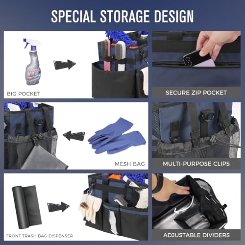 SCAVATA Wearable Cleaning Caddy, Cleaning Caddy Supplies Organizer with Handle & Shoulder Straps for Housekeepers, Under Sink & Car Cleaning Tool Organizers Bag with 4 Foldable Divider (NavyBlue) - color: NavyBlue