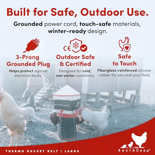 RentACoop Heated Chicken Waterer Belt for Winter, Thermo Bucket Heater Strap LG with Insulated Wrap for 2-5 Gal, 40W Energy Efficient, Safe to -10°F, Auto Thermostat - size: Large