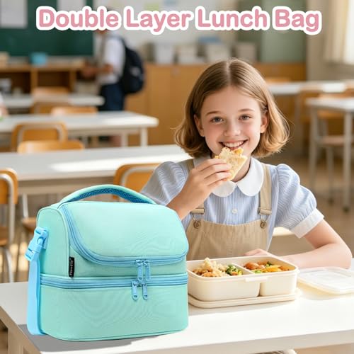 FlowFly Double Decker Cooler Insulated Lunch Bag Large Tote for Boys, Girls, Men, Women, With Adjustable Strap,Light Blue - color: Light#Blue