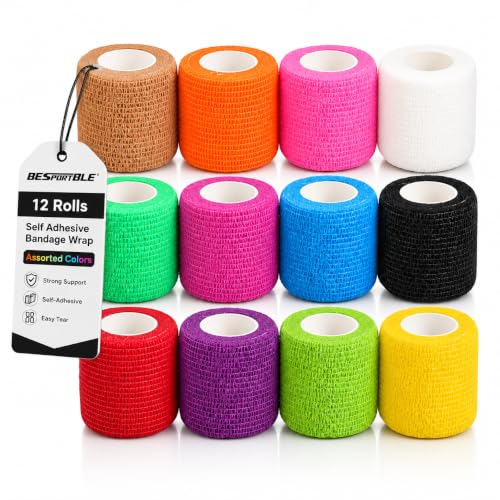 BESPORTBLE 12 Rolls Self Adhesive Elastic Bandages Wrap - Breathable Non-Woven Cohesive Bandage - 2 Inch Athletic Tape for Sports, Wrist, Ankle, Tattoo Grip Tape, Vet Wrap for Pets - color: Multi