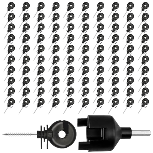 100Pack Black Electric Fence Ring-Head Insulators Self-Tapping Screws | Premium PP+PE anti-deform material, rustproof galvanized screws, easy drill install,universal for farm livestock fence
