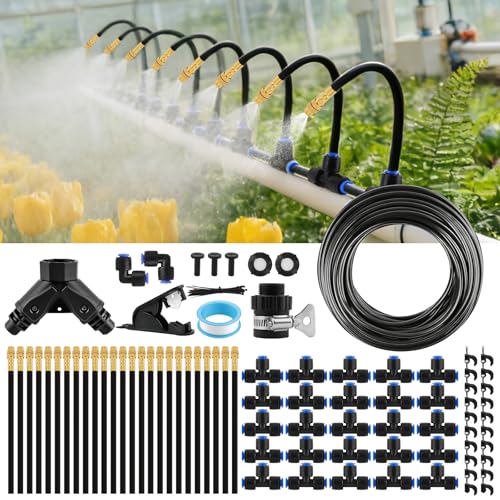 Kalolary 100FT Misting Cooling System with 360°Adjustable Nozzles | Mister for Outside Patio with 100FT Misting Line,25pcs Brass Mist Nozzles,Outdoor Mister for Greenhouse Plant Drip Irrigation - size: 100FT with Adjustable Brass Spray Nozzles