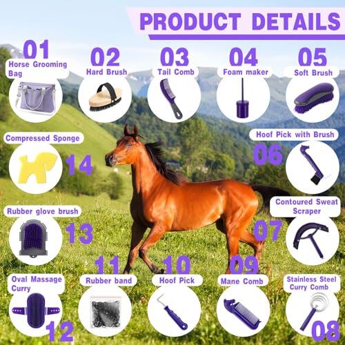 Abbylike 15 Pieces Horse Grooming Kit with Organizer Tote Bag Tack Room Supplies Horse Brush Sets Care Equine Cleaning Kit Shedding Grooming Massaging Tools(Purple and Grey) - color: Purple and Grey