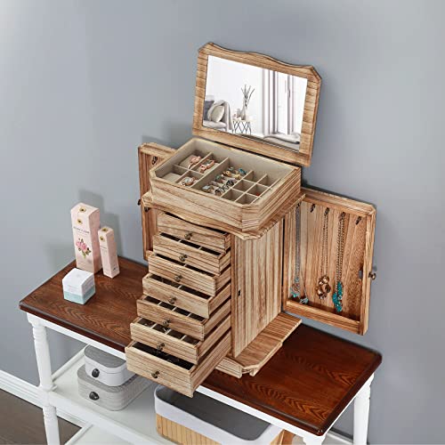 Emfogo Standing Jewelry Armoire, 7 Drawers & 2 Side Doors Jewelry Amoire Cabinet Standing with Top Flip Makeup Mirror, Jewelry Chest Jewelry Boxes - color: Rustic Brown Standing Jewelry Armoire