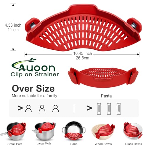 AUOON Pot Strainer Clip on Silicone, Large 10.45 x 4.33 in, Red | Fits Pots Pans Bowls, Dishwasher Safe, for Pasta Noodles Vegetable Fruits, Space-saving Kitchen Gadget - color: Red, size: Large 10.45 x 4.33 in