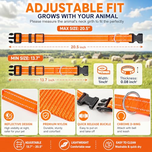10 Pack Reflective Goat Collars with Bells, Adjustable for Sheep | Goat Bells for Collars, Reflective Nylon Straps, 13.7-20.5 in Adjustable Fit, Quick-Release Buckles, For Goats & Sheep
