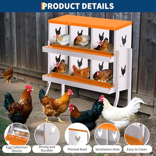 Garvee Chicken Nesting Box, 6 Compartment Nesting Boxes for Chickens, Easy to Clean and Install, Chicken Laying Boxes for Chicken Coop to Protect Eggs - with Bracket Legs, Orange - color: orange, size: 46.1"L x 17.3"W x 8.5"H