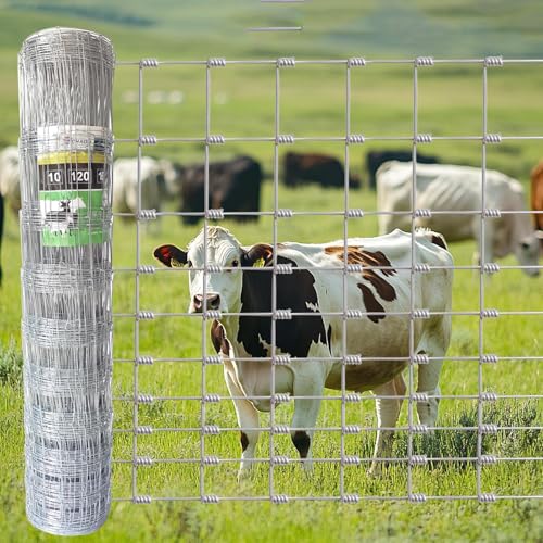 Livestock Fence, 4ft X 164ft Galvanized Wire Field Wire Fencing, Cattle Fence, Deer Fence, Heavy Zinc Coating Farm Fence Used to Hog Goat Fencing for Yard and Field Hog Horse - style: Metallic 4FT x 164FT