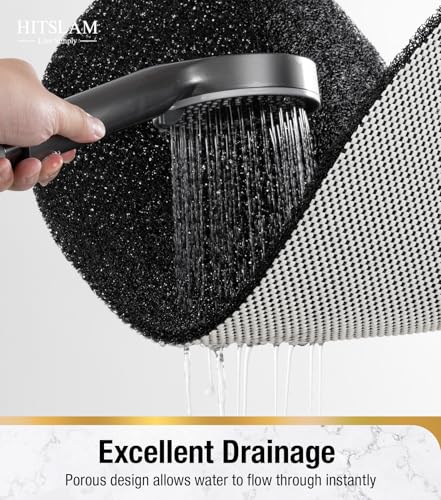 HITSLAM Oval Loofah Shower Mat Non Slip, 27x16 Inch, Black | Bath Mat for Textured Tub & Inside Shower Stall, No Suction Cups Quick Drying PVC Porous Floor Mat, Soft Foot Exfoliating - color: Black