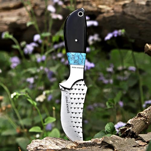 Custom Handmade 7'' fixed blade hoof rasp knife Cow boy knife Turquoise Handle Damascus steel Bull cutter, cowboy knives with pancake leather sheath (BLACK HORN) - color: BLACK HORN