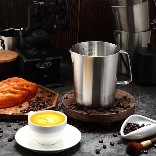 Copkim 4 Pcs Milk Frothing Pitcher with Handle 33.8 oz, 1000 ml, 4 Cup 304 Stainless Steel Pitcher with Pour Lip Metal Liquid Measuring Cups Measuring Jug Milk Frothing Cup for Latte Art Water Pouring - size: 4 Cup