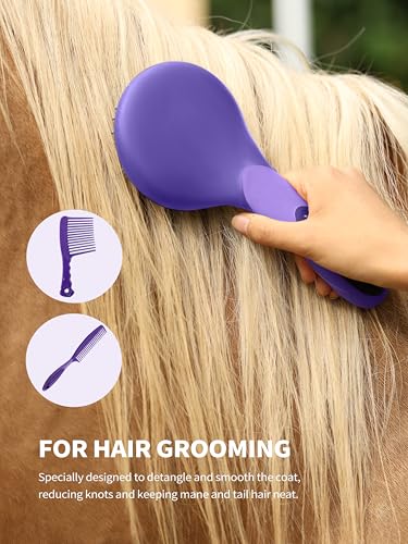 Harrison Howard Horse Grooming Kit 9 Piece with Tote Bag, Non-Slip Horse Brush Set for Shedding, Bathing, Hoof Care, Mane & Tail Grooming, Equine Grooming Supplies Purple - color: Purple