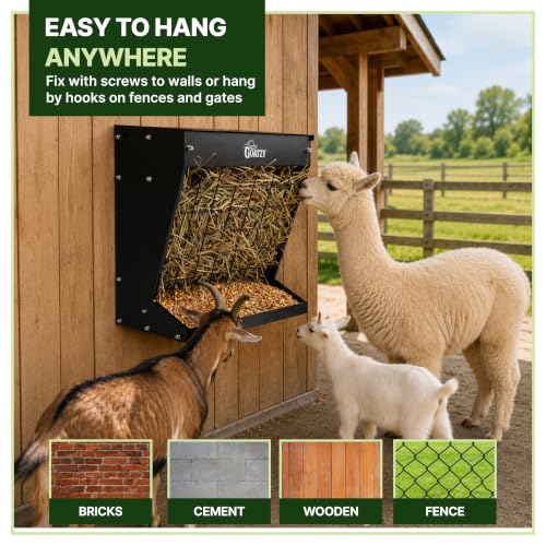 Wall Mount Hay Rack And Hay Feeder For Goats Sheep And Horses, Covered Galvanized Steel Goat Hay Feeder With Hinged Roof, 25 Gallon 2-In-1 No Waste Hanging Holder Grain Bin with hook For Cattle - color: Black
