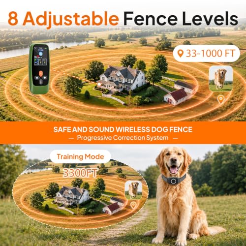4-in-1 Wireless Dog Fence with Training, Bark Control, Real-Time Pet Status | 3 Training Modes: Beep/Vibration/Static, IPX7 Waterproof, Remote Boundary Collar, Invisible Fence for Small/Medium/Large Dogs