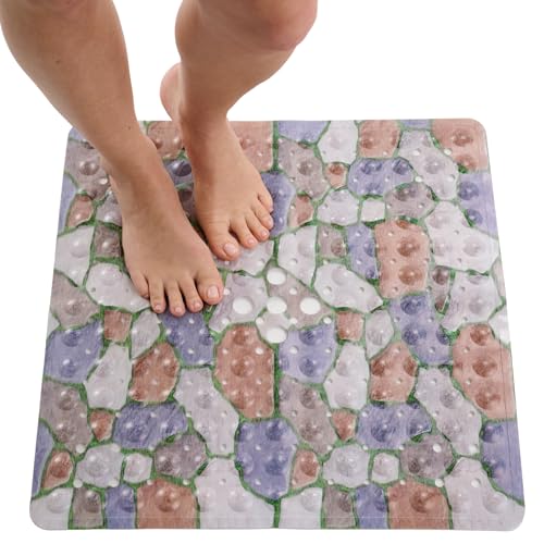 ENKOSI Square Shower Mat 21x21 inch - Anti Slip Shower Stall Floor Mat - Non Slip Shower Mats with Strong Secure Suction Cups and Drain Holes in Middle (21x21 Stone Path) - color: Stone Path