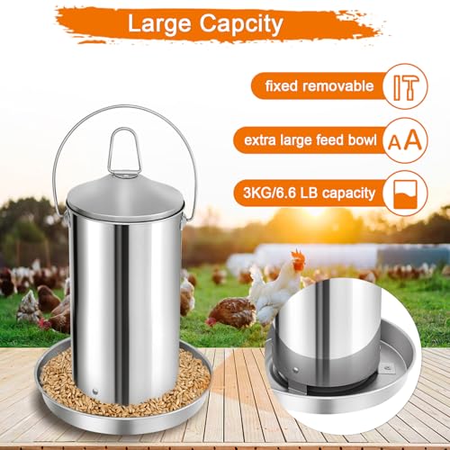 RYFT Automatic Chicken Feeder 3KG/6.6lbs, Stainless Steel Poultry Feeder, Heavy Duty Thickness 0.035 in / 0.9 mm, with Handle, Top Filled, Durable and Rust Resistant - size: 6.6lbs
