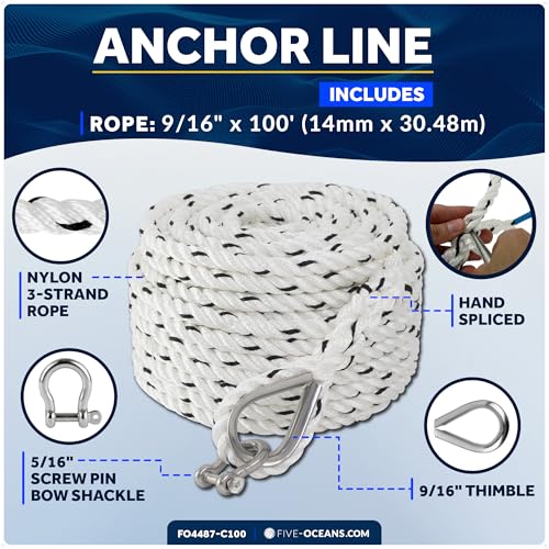 Five Oceans Anchor Line 9/16" x 100', Anchor Rope Line, Marine Premium 3-Strand White Nylon Boat Anchor Rope - Stainless Steel Thimble and Shackle, Ideal for Mooring Anchoring Towing - FO4487-C100 - style: 9/16 inch x 100 ft