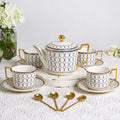 7 Oz Bone China Blue Tea Cup and Saucer Service for 4, Afternoon Porcelain Tea Set with Teapot, Tea Sets For Women Tea Party. - color: White Gold B