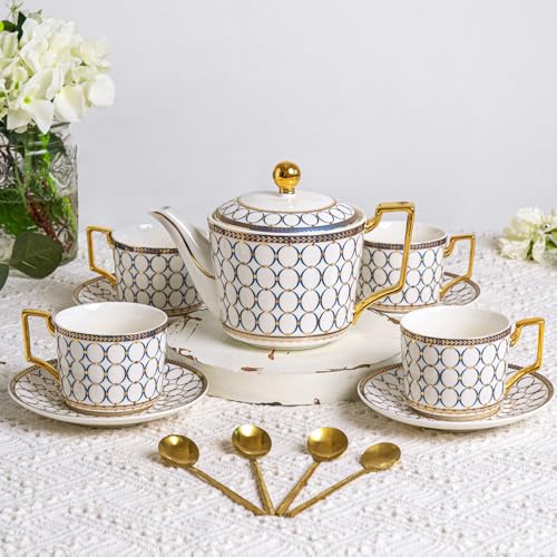 7 Oz Bone China Blue Tea Cup and Saucer Service for 4, Afternoon Porcelain Tea Set with Teapot, Tea Sets For Women Tea Party. - color: White Gold B