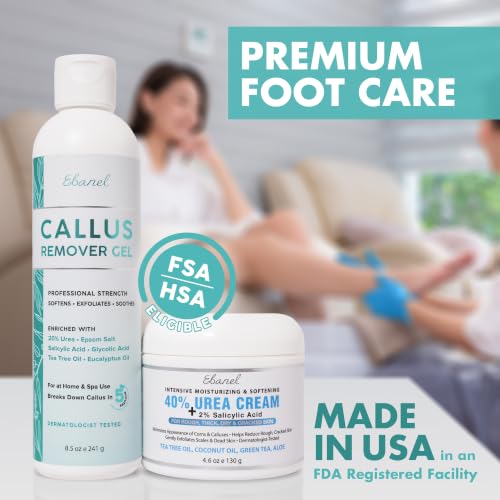 Ebanel Set of Salon Grade Callus Remover for Feet Gel + 40% Urea Foot Cream | Dry Cracked Heel Repair with Salicylic Acid, Epsom Salt, Helps Soften and Smooth Calluses and Rough Skin for Baby-Soft Feet - size: 13.1 Ounce (Pack of 1)