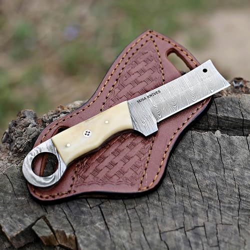 Custom Handmade 7'' fixed blade hoof rasp knife/Cow boy knife/Damascus steel Bull cutter cowboy knives with pancake leather sheath (SUSA 118) - color: SUSA 118
