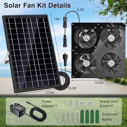 Solar Exhaust Fan,25W Solar Fan for Chicken Coop,Shed,Greenhouse & Attic Ventilation Cooling, Easy Installation,3500RPM,18FT Cord,IP67 Waterproof Solar Powered 4 Fan Kit - size: 25W Solar Exhaust Fan 4 Kit