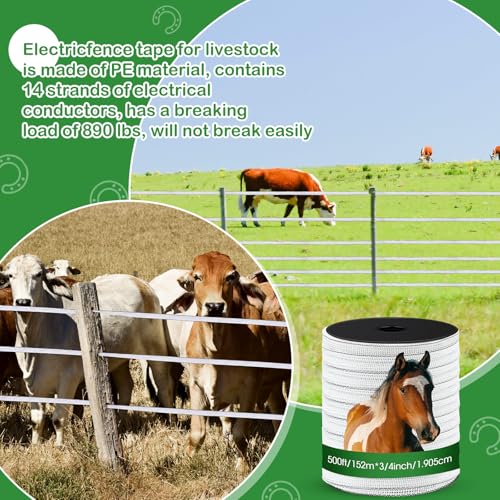 2 Rolls 500 ft x 3/4 Inch Electric Fence Polytape for Horse Livestock Cattle, High Visibility Electric Fencing Tape for Farm Temporary Horse Fence (White) - size: 500ft x 3/4in