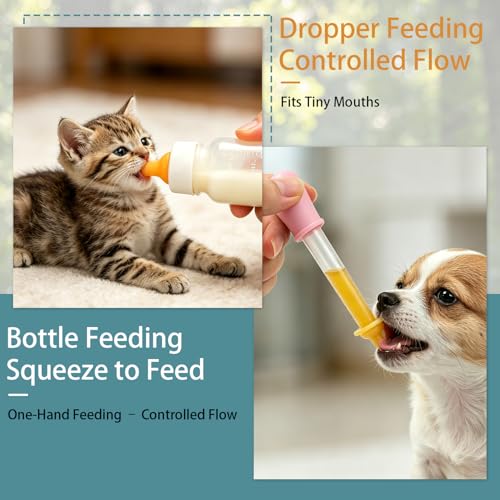 Pet Feeding Kit for Newborn Cats & Dogs | 50ml Milk Bottle + Dropper + 4 Replaceable Nipples | Kitten & Puppy Nursing Tools (50ml Milk Bottle Set(6 Piece))
