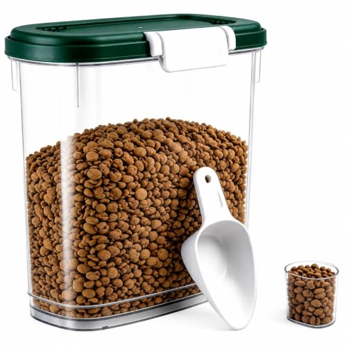 Airtight Dog Cat Food Storage Container 10 Lbs, Slim Tall Pet Food Bin | Pet Food Treat Container with Lid, Scoop and Cup, Clear Plastic Dry Food Storage Bin for Dog, Cat, Bird Seed, Kibble, Pellet - color: Dark Green