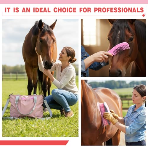 Abbylike 15 Pieces Horse Grooming Kit with Organizer Tote Bag Tack Room Supplies Horse Brush Sets Care Equine Cleaning Kit Shedding Grooming Massaging Tools(Pink and Grey) - color: Pink and Grey