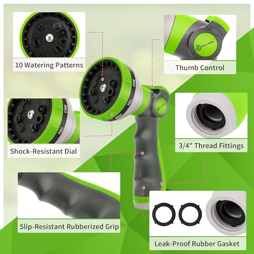 AUTOMAN Garden Hose Nozzle Sprayer - 10 Spray Patterns, 2 Pack Thumb Control Water Hose Nozzle Outdoor, Heavy Duty Spray Nozzles for Watering Garden, Cleaning Window, Washing Car, Showering Pets - color: Lawngreen