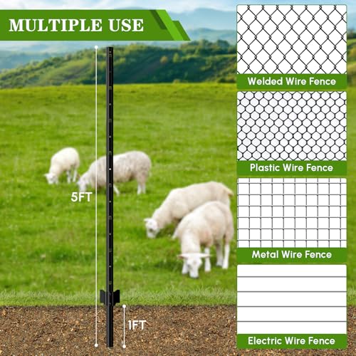10 Pack Metal Fence Post, 5FT Heavy Duty U-Post for Wire Fence, No Dig T Posts Garden Fencing Stakes for Temporary Fencing, Electric Fence Wire, Corner Anchor - size: 5FT-10P
