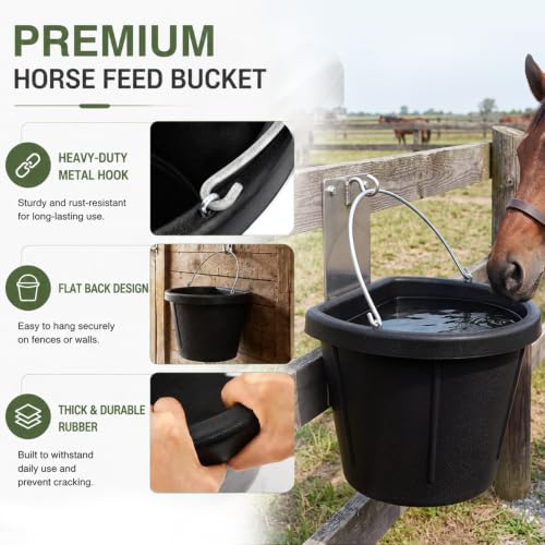 Marsui 4 Pcs Rubber Feeder Bucket, 18 Quart 4.5 Gallon Rubber Horse Feed Bucket, Large All-Purpose Water Pan, for Goats Horses Animal Feeding, Black