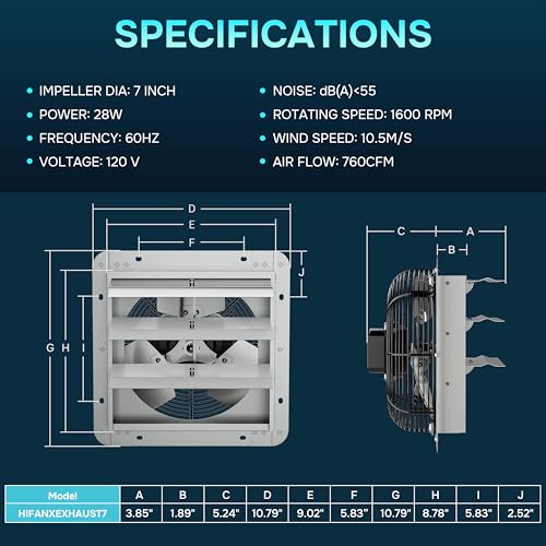 Simple Deluxe 7 Inch Wall Mounted Shutter Exhaust Fan with Temperature Controller and Power Cord Kit, Aluminum, 1600 RPM, 760 CFM, for Attic, Garage, Louvered Vent, Plant, Greenhouse, Silver - size: 7 Inch