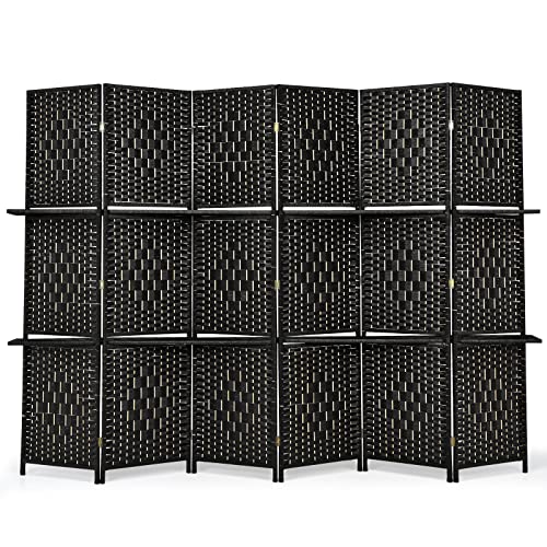 Giantex 6Ft 6 Panel Room Divider with Shelves, Freestanding Hand-Woven Rattan Folding Privacy Screens for Room Separation, Wooden Partition Room Divider Wall for Home Office Studio Separator - color: Black
