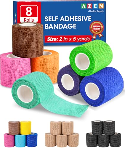 AZEN 8 Pack Self Adhesive Bandage Wrap, 2" X 5 Yards Elastic Cohesive Bandage Wrap, Color Athletic Tape, Vet Wrap, Ankle Tape, Tattoo Grip Tape Wrap - color: Multi-colored