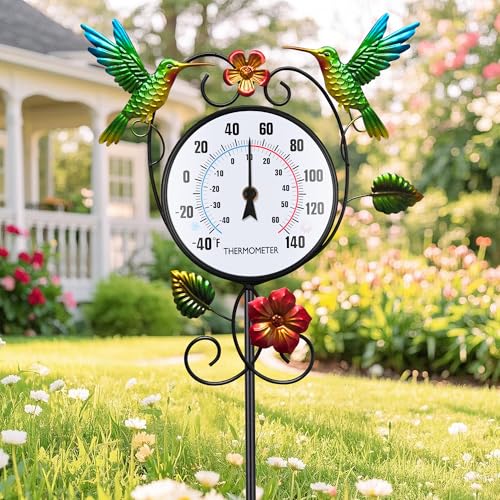 Hummingbird Outdoor Thermometer with 35.7" Stake Waterproof | Hanging Wall Outside Thermometer for Patio Garden Yard Porch Indoor Decor, Easy to Read, No Battery Required - style: Hummingbird