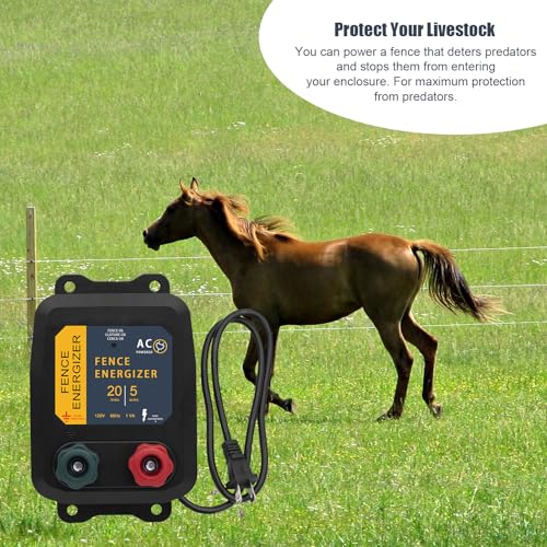 Electric Fence Energizer with Wire 5 Miles/ 20 Acres AC Powered 120 Volt, Plug-in Electric Fence Charger Output 1.2 Joule for Preventing Raccoons, Livestock, Squirrels - style: 5-Mile/ 20 Acres with Wire