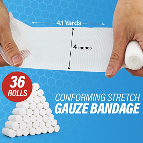 AFFORDTEX Gauze Bandages – 36 Rolls - Premium First Aid Supplies for Safe Adventuring – Flexible, Stretchable, and Breathable Gauze Rolls – 4” x 4.1 Yards Bandage Wrap for Wound Dressing - size: 4" Pack of 36 Rolls
