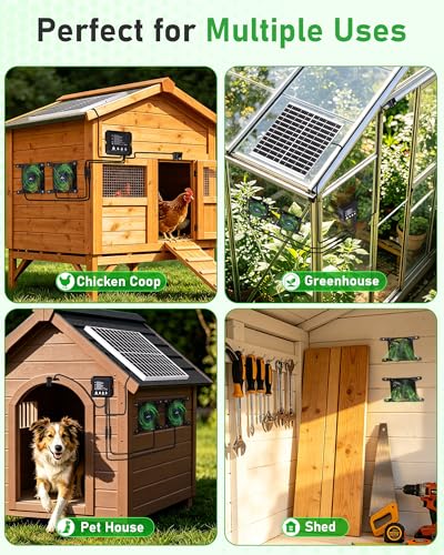 Solar Powered Fan for Chicken Coop, 25W Solar Panel, 2 * 4.7" Fans, 3 Smart Mode, Solar Exhaust Fan for Chicken Coop, Shed, Pet House