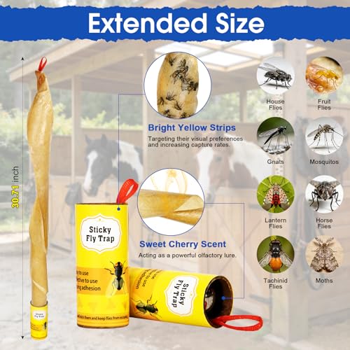 16 Pack Fly Strips Sticky Hanging Fly Trap Indoor Outdoor with Pins | Fly Paper Tape Fruit Fly Gnat Fungus Bug Catcher for Household Winged Insect & Mosquito for Orchard Farm Home Kitchen - size: 16 pack