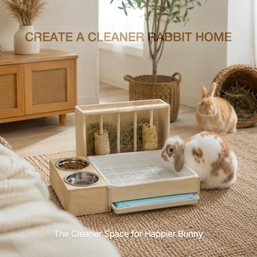 3 in 1 Rabbit Litter Box with Removable Hay Feeder, Separation Litter Box | Removable Hay Rack Feeder & Urine Waste Separation Bunny Toilet for Guinea Pigs, Chinchillas, Hamsters Rabbits - Less Mess