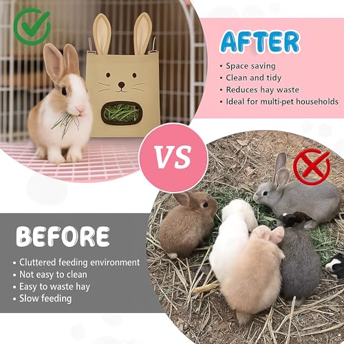 Rabbit Hay Feeder Bag - Hanging Rabbit Hay Feeder for Rabbits, Guinea Pigs and Chinchillas, Moss and Alfalfa Hay (Khaki) - color: Khaki, size: One Size