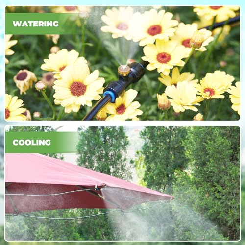 HOMENOTE Misting Cooling System with Timer, 59FT Misting Hose | 20 Brass Nozzles, 3/4" Brass Adapter, Water Timer with Mist Mode & Irrigation Mode, For Patio Cooling and Garden Watering - size: 59FT / 18M