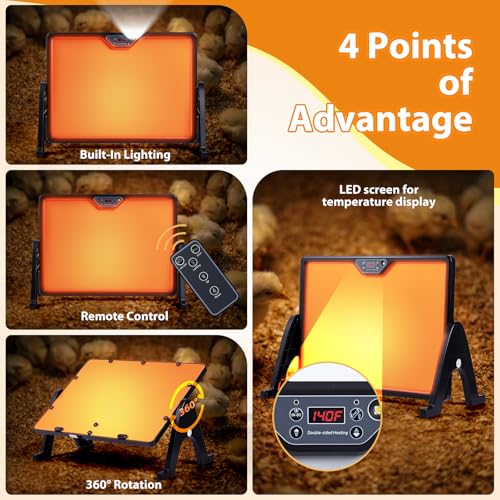 Serinar New Smart coop Heater with Remote Control, Built-in Adaptive Temperature Sensor, Adjustable Temperature, brooder Heating Panels with Timer and Lighting, brooder Panels to Keep Poultry Warm