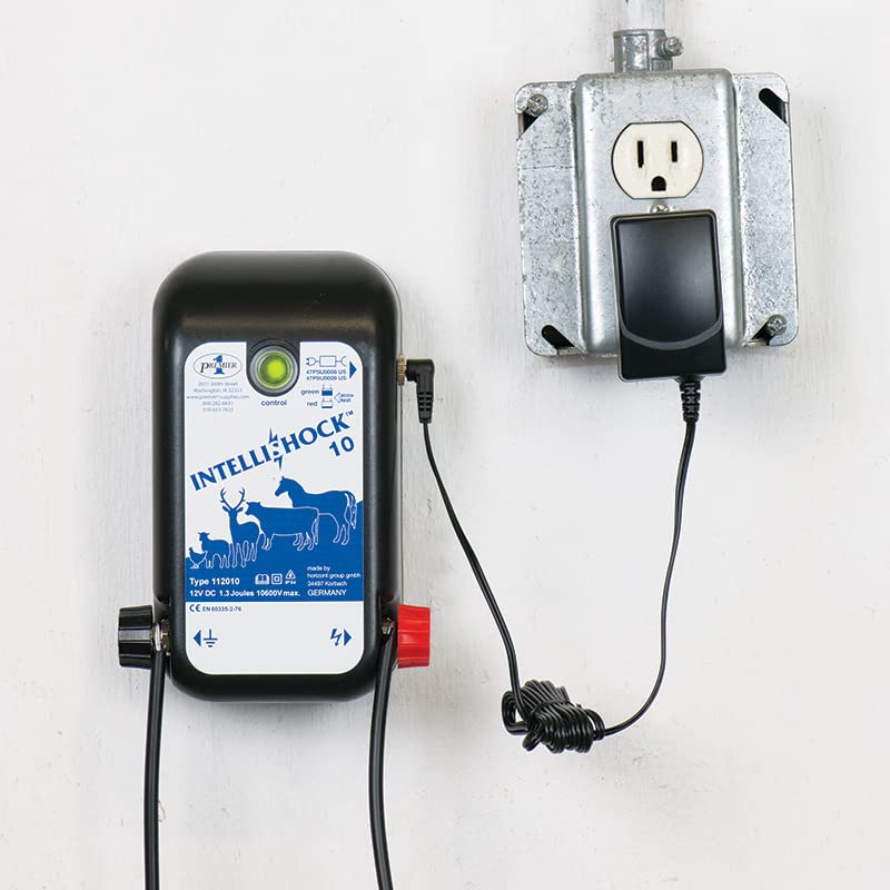 Premier 1 IntelliShock 10 AC/DC Fence Energizer, 1 Joule | Plug-in or 12V DC battery. Auto-reduces draw 67% on clean fences. Includes 12V leads & 110V adapter. Deters deer & predators.