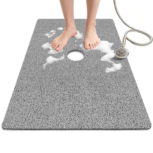 Shower Mat Non Slip, 47" x 32" Extra Large Soft Loofah Shower Mats for Inside Shower with Center Drain Hole, Anti Slip Shower Floor Mat for Elderly, Quick Drying, Grey - size: 47" x 32" (Rectangular)