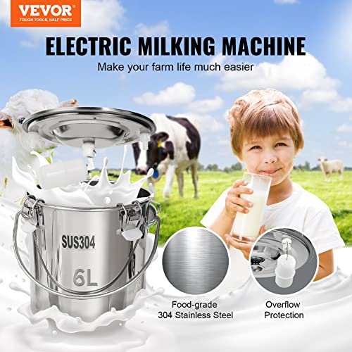 VEVOR Goat Milking Machine, 6 L 304 Stainless Steel Bucket, Electric Automatic Pulsation Vacuum Milker, Portable Milker with Food-Grade Silicone Cups and Tubes, Adjustable Suction for Cows and Sheep - size: 6 L