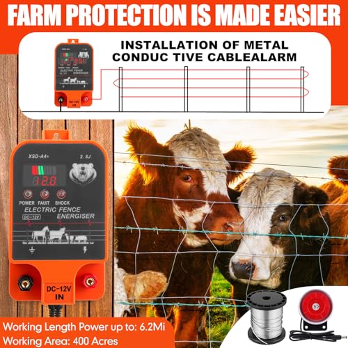 MorningRo 2.5j Electric Fence Charger with Digital Display & Alarm, Ac Dc 2 in 1 Power, 12v Input 8kv/12kv Output, 50 Black Electric Fence Insulator, 1 Socket Tool, 250ft Aluminum Wire Animal Control